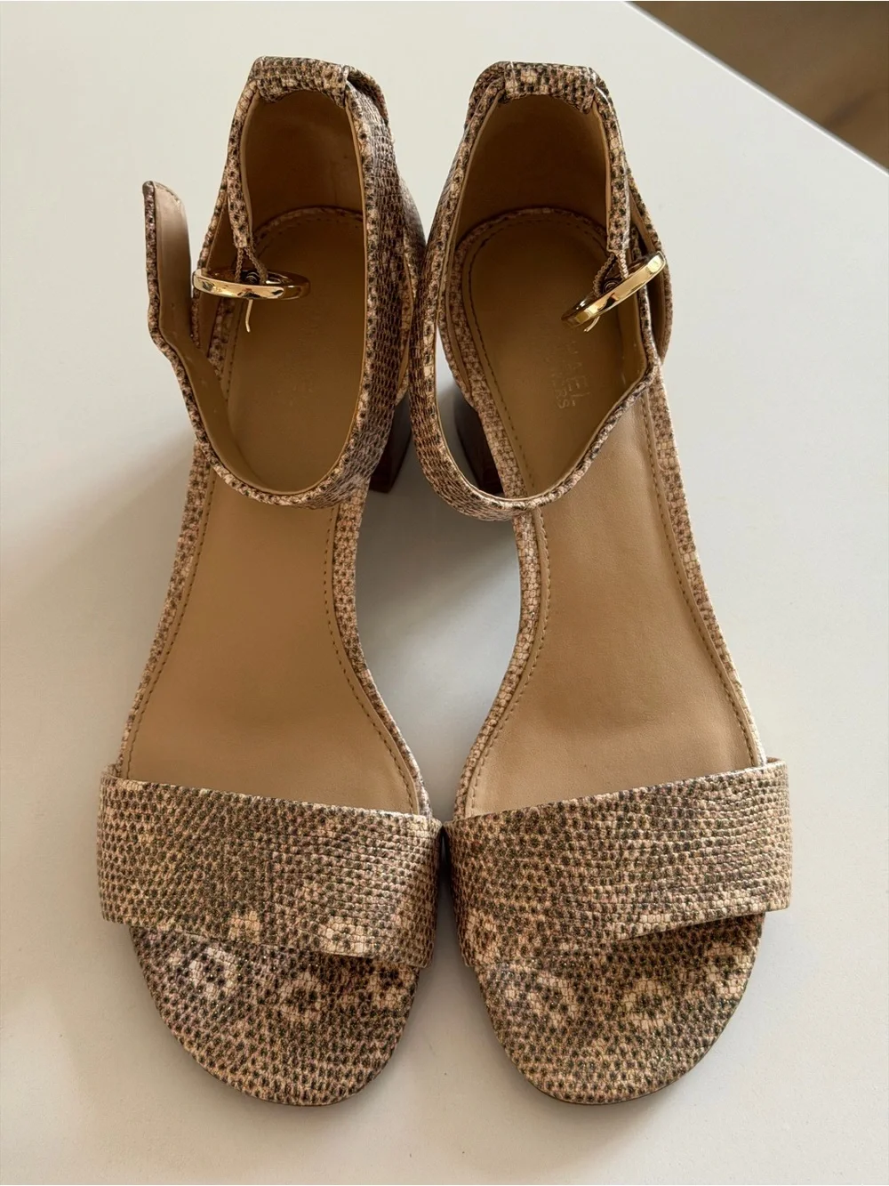 Michael Kors Beige Snake-Print Ankle Strap Sandals